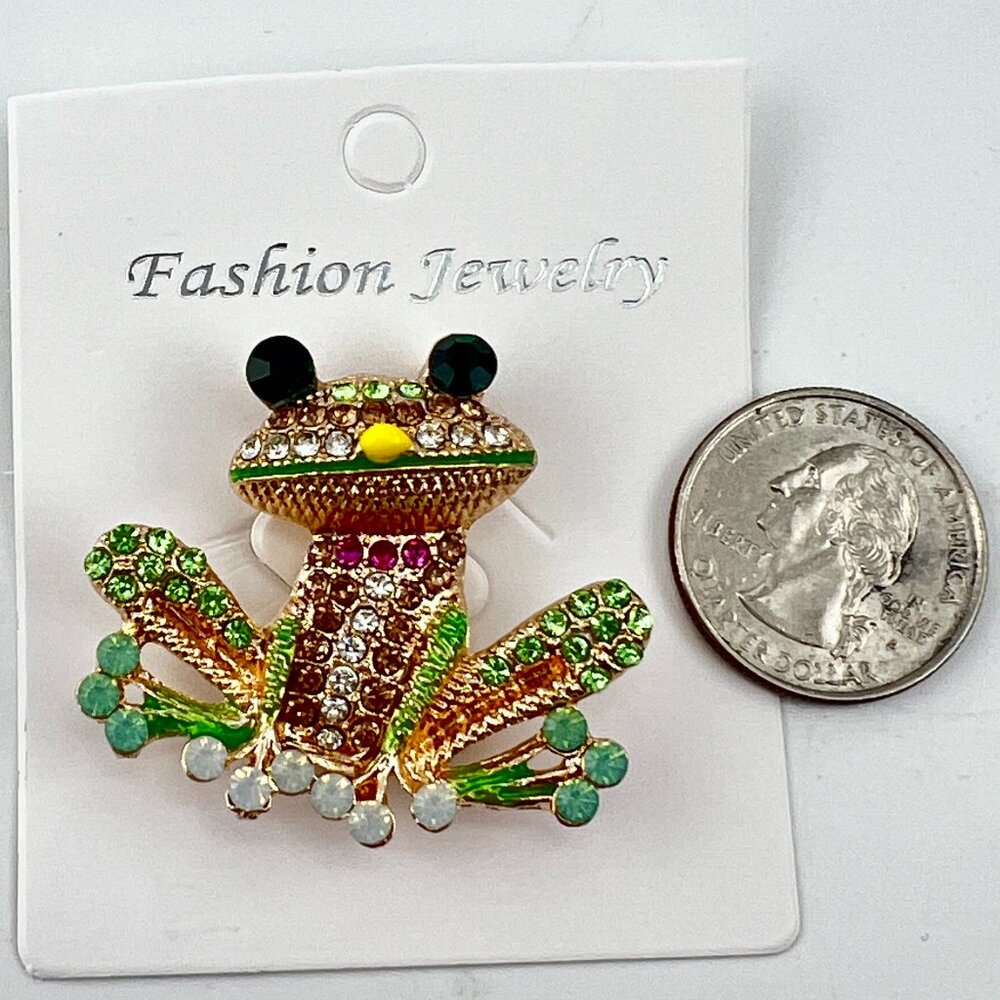 Fashion Jewelry Frog Metal Brooch Pin with Rhinestones 1.5 in